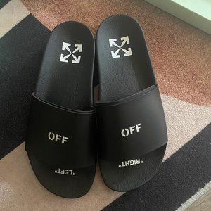 Off-white, logo-print pool slides, us 8